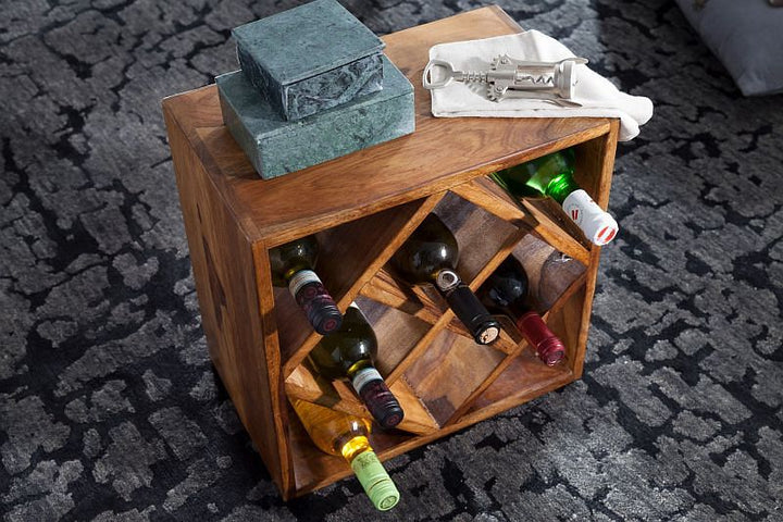 Vinreol i massivt træ, 40x40x25 cm, plads til 8 flasker, brun