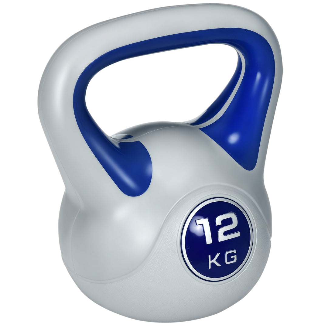 Kettlebell, 12 kg, flad bund, stort håndtag, plastbelægning, blå, 24 x 17 x 28 cm