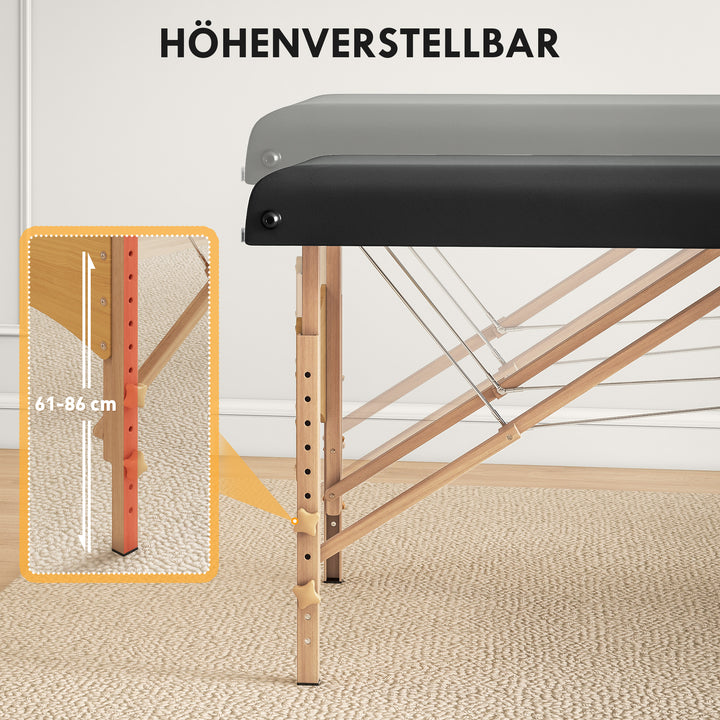 Højdejusterbar massagebriks, træstel, foldbar massageseng, skumpolstring, sort