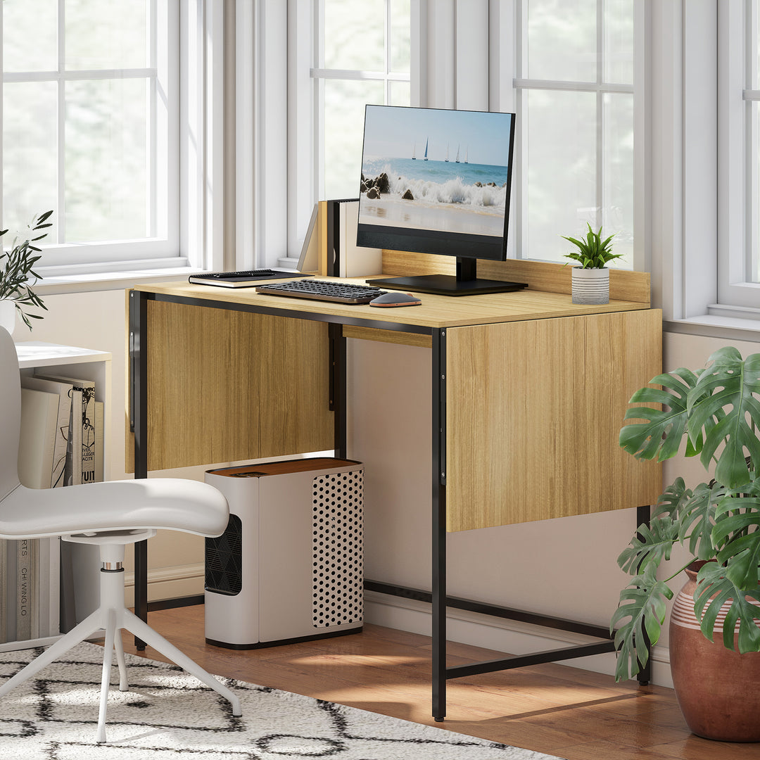Foldbart computerbord med 2 forlængerpaneler, masser af plads til skærme, metalben, robust konstruktion, eg+sort