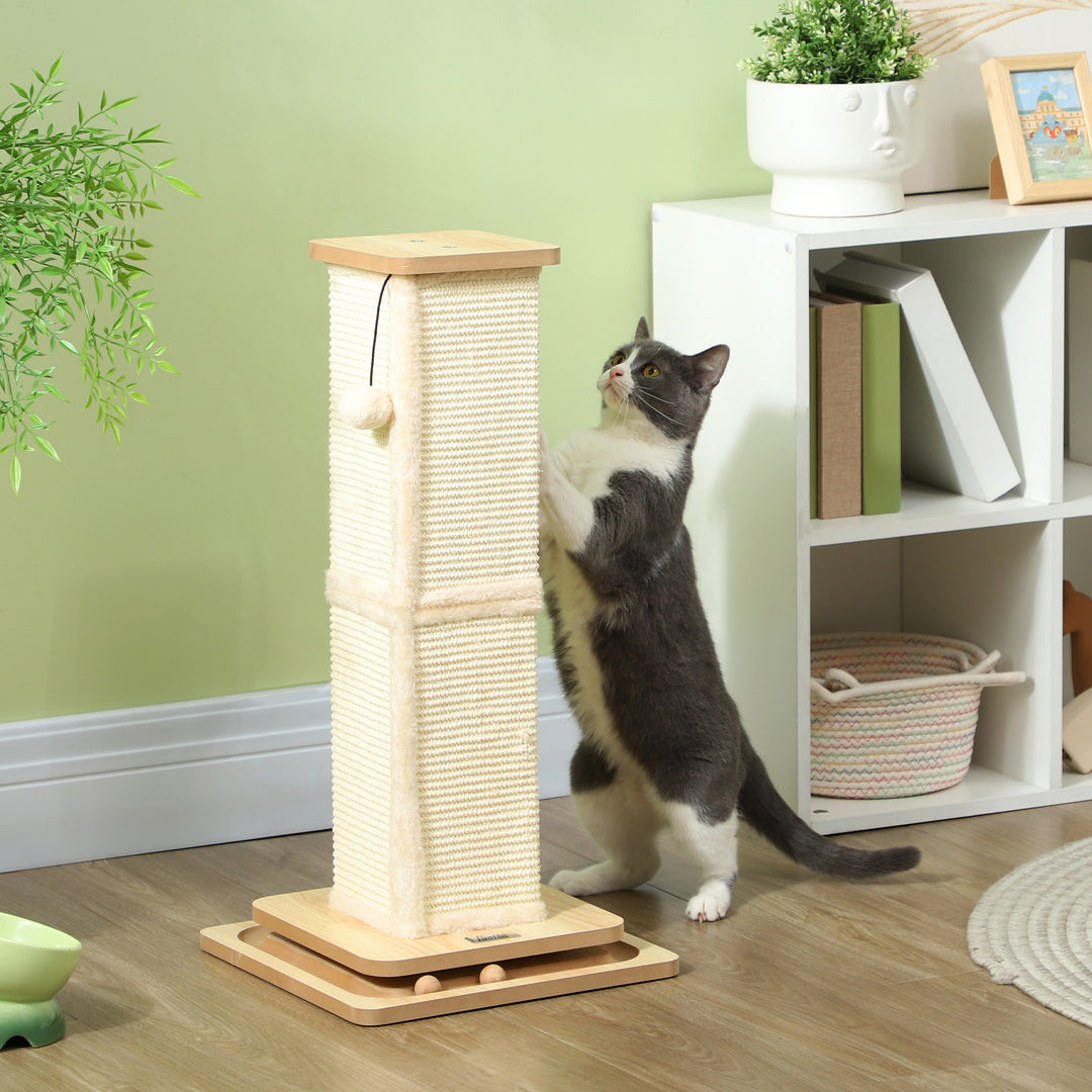 3-I-1 kradsetræ med legestang, legebold, sisal, op til 5 kg, 34 x 34 x 67 cm, eg/creme