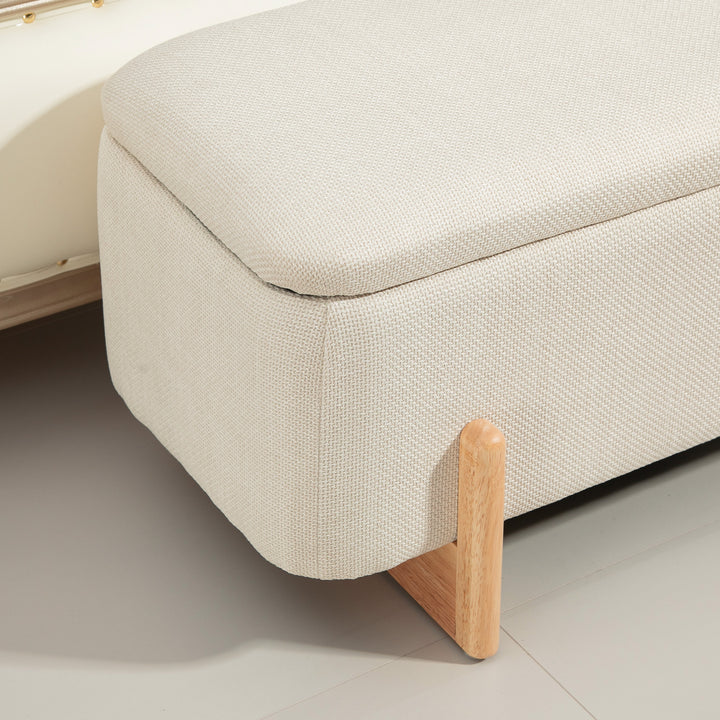 Skammel med opbevaringsplads, bænk med skumpolstring, imiteret linned, 111 x 44 x 44,5 cm, cremehvid