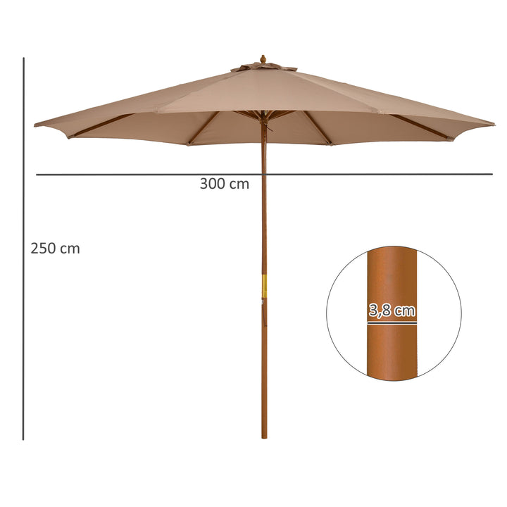 Parasol Ø 300 cm, parasol med UV-beskyttelse, træparasol til balkon, stabil strandparasol, markedsparasol, solbeskyttelse til strand, terrasse, have, khaki