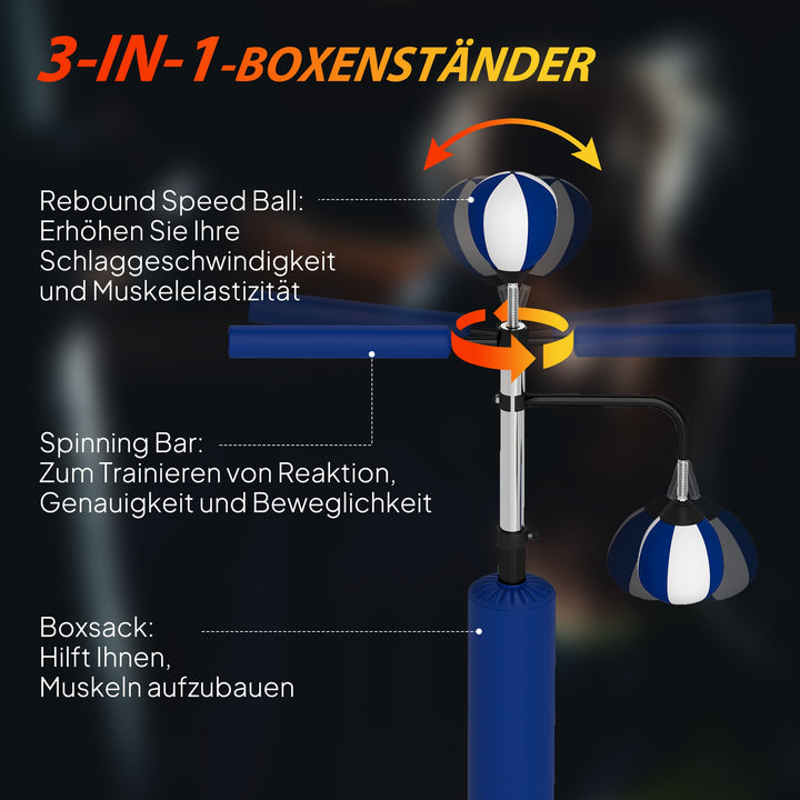 Boksestativ, to speedballs, roterende boksestang, sparkpuder, højdejusterbar, stål, 107 x 36 x 140-205 cm, blå