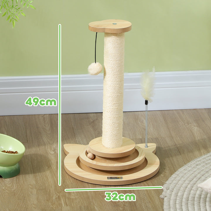 Kradsetræ til katte, 49 cm, sisal kradsetræ, boldløbebane, legebold, legefjeder, 4-i-1 design, eg, hvid