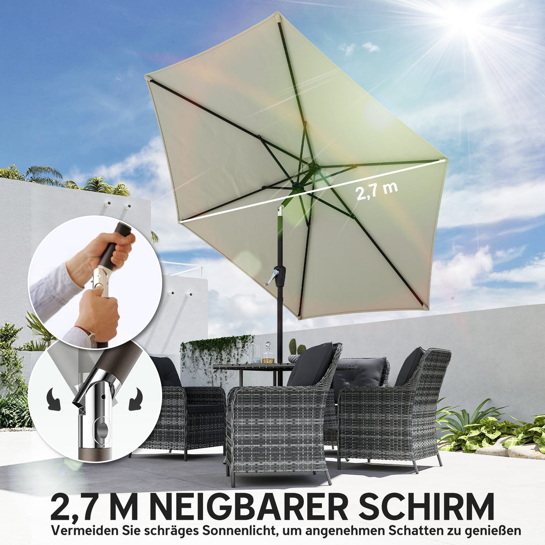 270 cm vipbar parasol, balkonparasol med håndsving, UV 50+, haveparasol, cremehvid