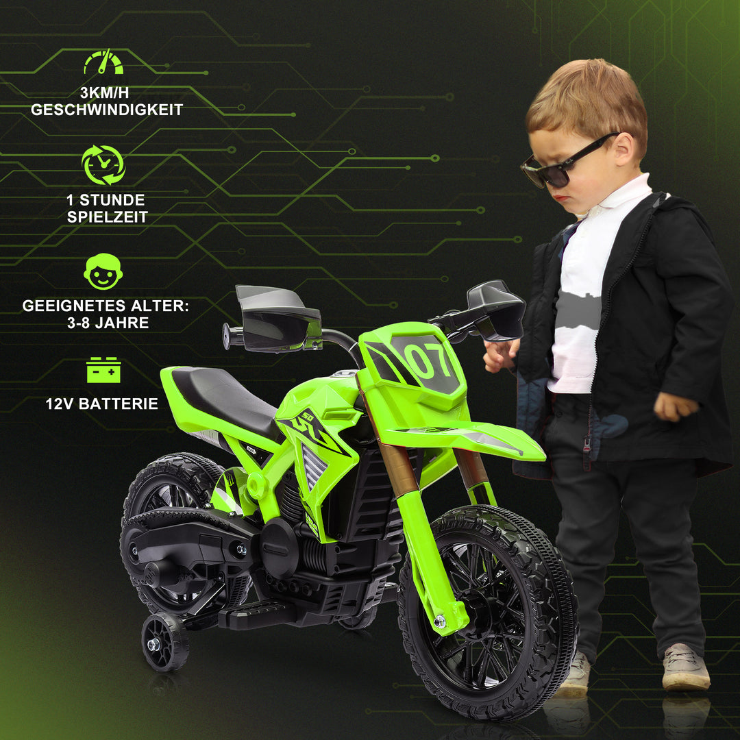 Elmotorcykel til børn, 6v batteridrevet, støttehjul, horn, startlyd, alder 3-8, grøn