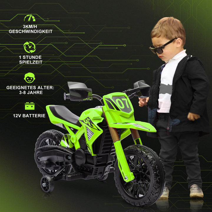 Elmotorcykel til børn, 6v batteridrevet, støttehjul, horn, startlyd, alder 3-8, grøn