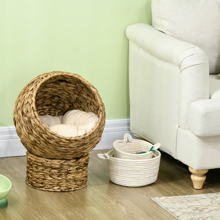 Rattan kattekurv kattehule kattehus katteseng med pude kæledyrsseng vandhyacint brun 42 x 33 x 52 cm