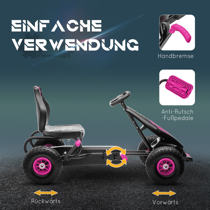 Børne-gokart, med pedaler, justerbart sæde, indendørs og udendørs brug, fra 5 år, pink+sort, 121 x 58 x 61 cm