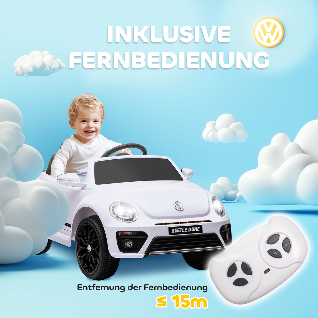 Elektrisk børnebil, vw beetle, 3-5 km/t, med fjernbetjening og musik, hvid
