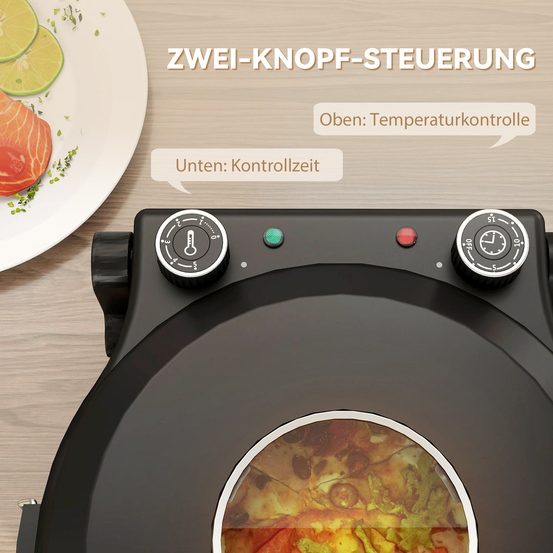 Elektrisk pizzaovn 430 °c, 1200 watt pizzabager med 30 cm stenplade, timer, vindue, rustfrit stål, sort