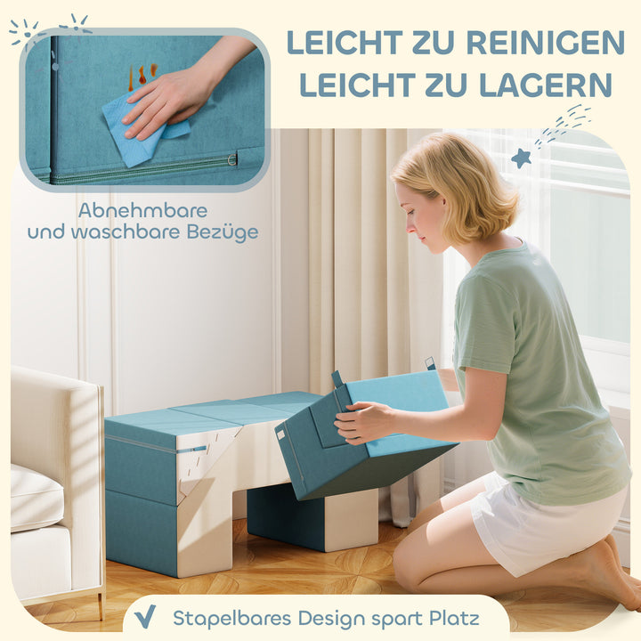 2-delt blødt legesæt til småbørn, kunstlæder, skum, til klatring, bygning, leg, beige+blå