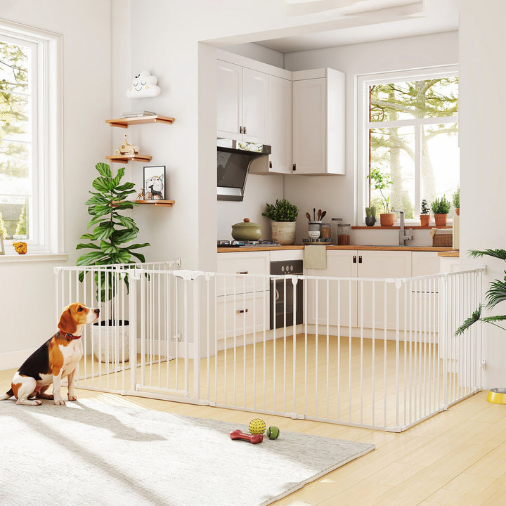 Kæledyrshegn, 8-panels barriere med dør, foldbar, til små og mellemstore hunde, plastik, kulstofstål, hvid