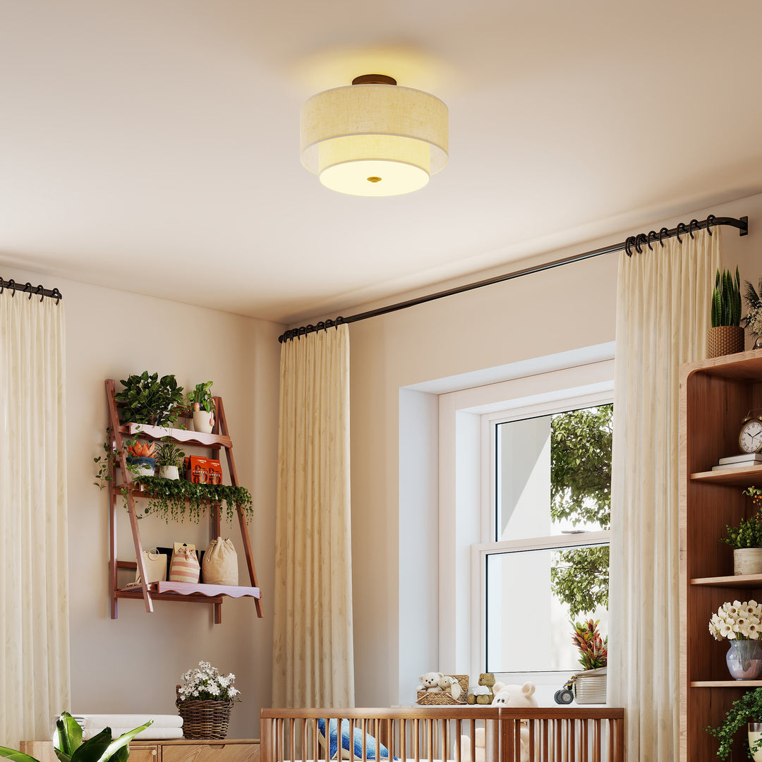 Loftlampe, pendel med dobbeltskærme i linned look, cremehvid