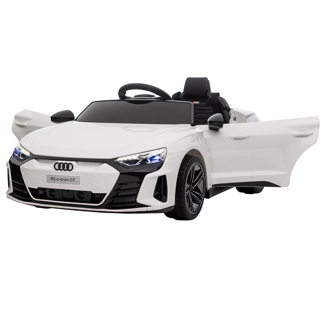 Audi RS e-tron GT elbil til børn med sikkerhedssele, fjernbetjening, forlygter, musikfunktion, hvid, 103 x 58 x 41 cm