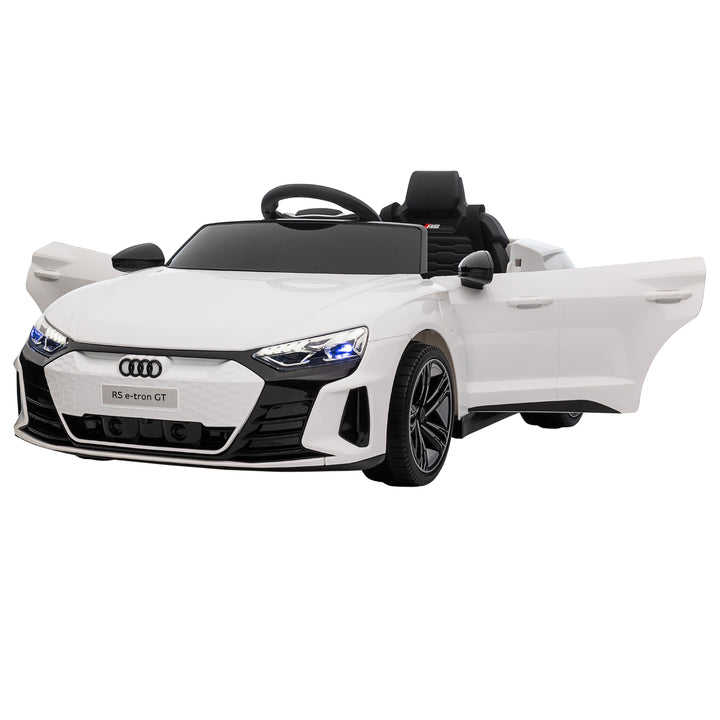 Audi RS e-tron GT elbil til børn med sikkerhedssele, fjernbetjening, forlygter, musikfunktion, hvid, 103 x 58 x 41 cm