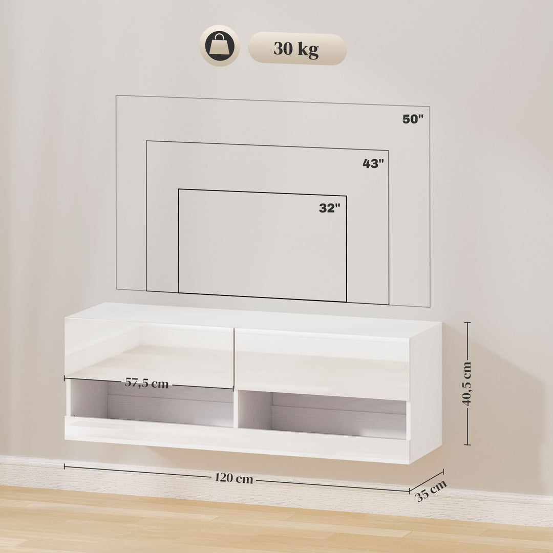 Tv-skab med led-belysning, 16 blinkende tilstande, vægmonteret tv-skab, åbne hylder, 120 x 35 x 40,5 cm, hvid