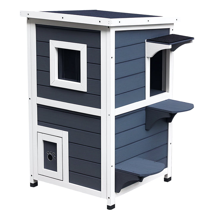 Trækattehus 2 etager vintertæt vandtæt kattehus med asfalttag trappe vindue kattehule udendørs ly til udendørs have balkon 51 x 51 x 81,3 cm grå