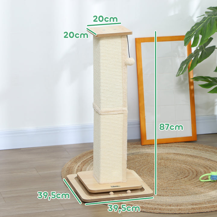 3-I-1 kradsetræ med legestang, legebold, sisal, op til 10 kg, 39,5 x 39,5 x 87 cm, eg/creme