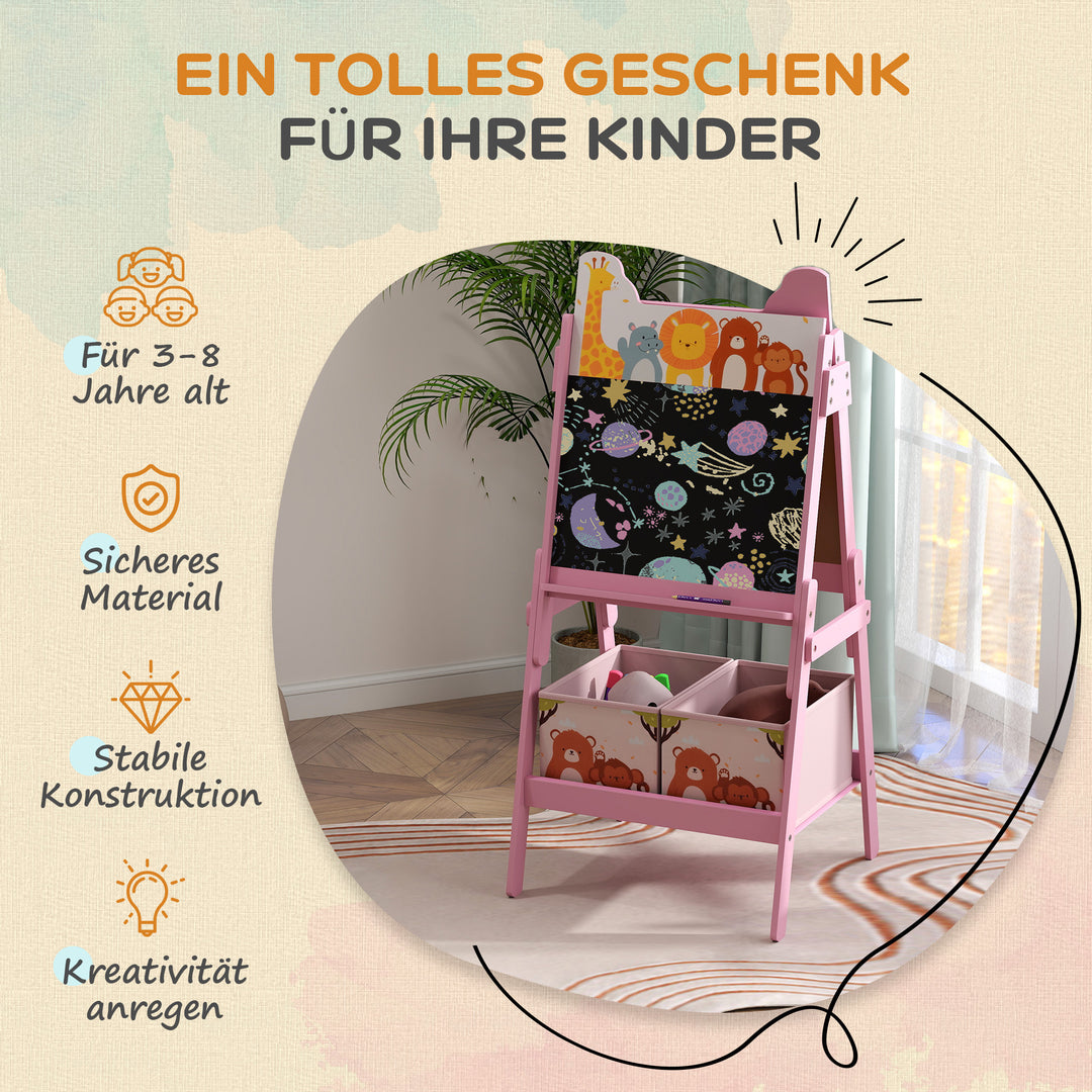 2-I-1 børnestaffeli med whiteboard, tavle og opbevaringskasser, til børn i alderen 3-8 år, lyserød