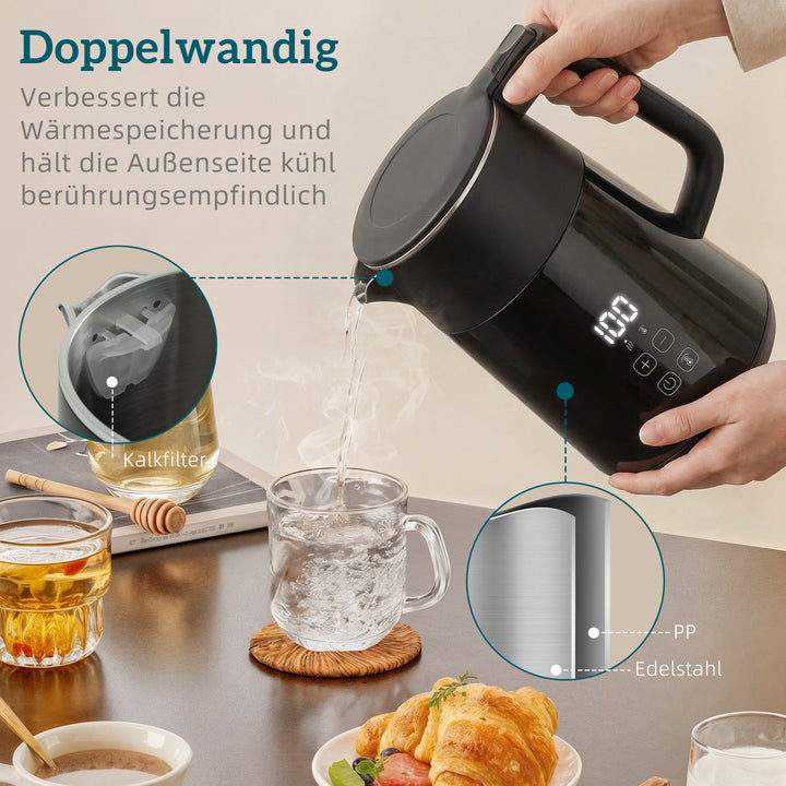 Elkedel, 1,7L, hurtigkogende, 2200W, med LED-display, varmholdningsfunktion, tørkogningsbeskyttelse, PTFE-fri