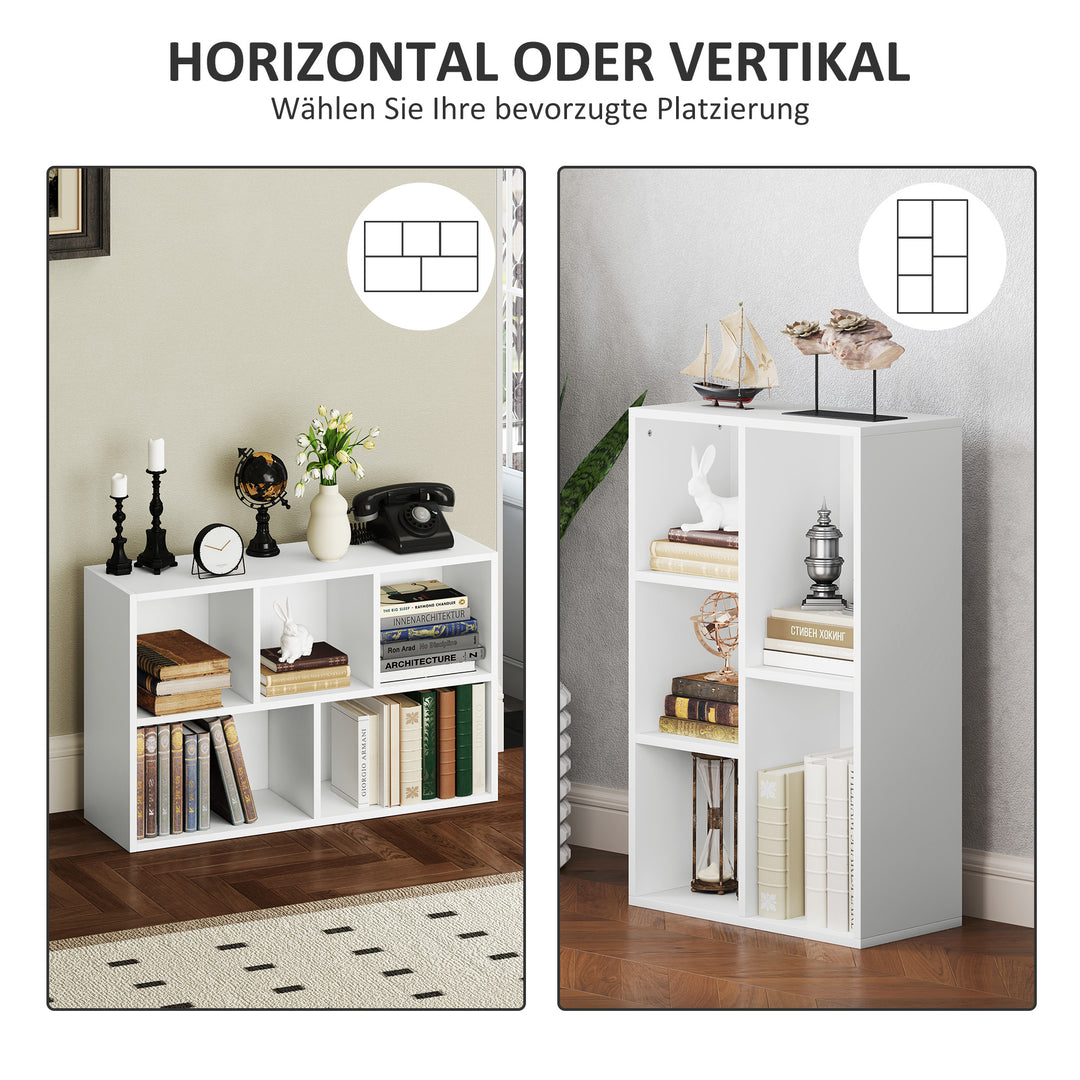 Reol med 2 hylder, 5 rum, spånplade, opbevaringshylde, hvid
