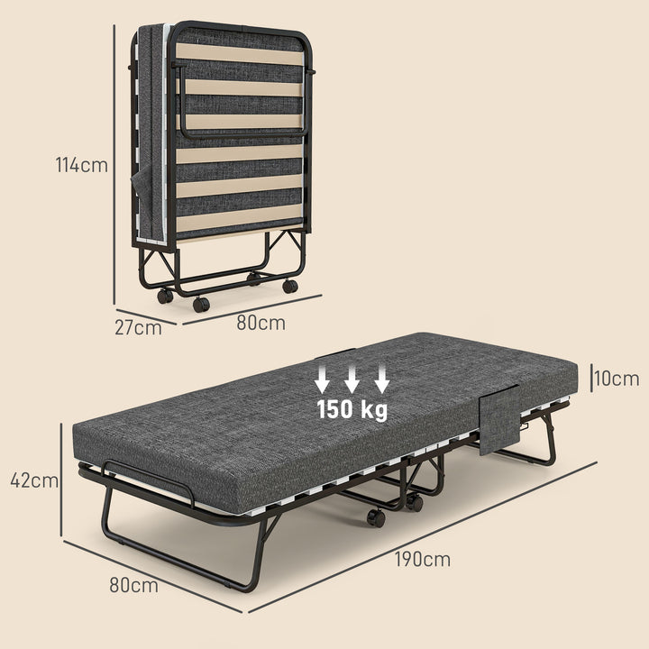Klapseng med madras, 4 hjul, metalramme, op til 150 kg, 190 x 80 x 42 cm, mørkegrå