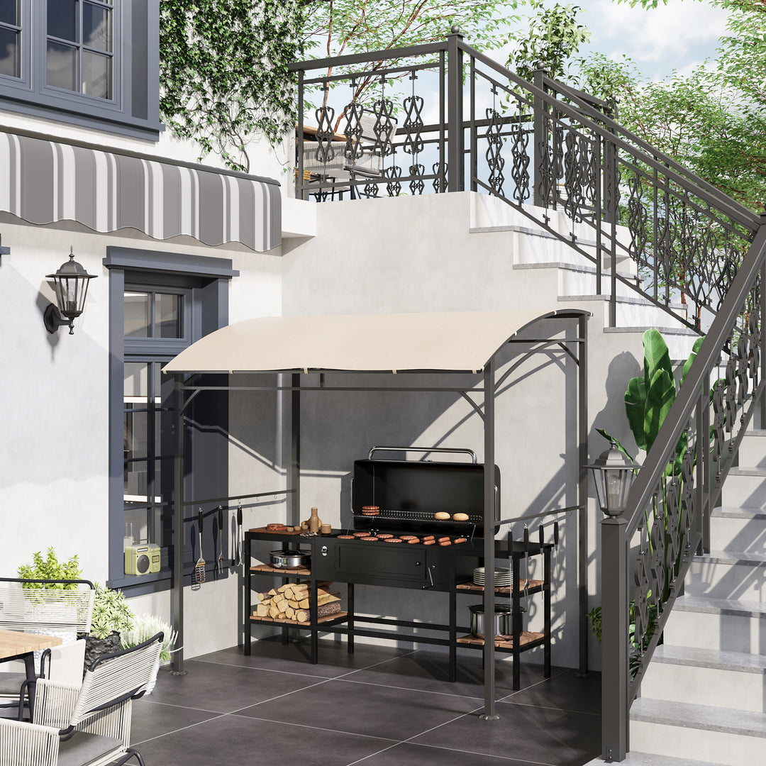 Grillpavillon, grillbaldakin, regnslag, kroge til redskaber, stålramme, beige+sort, 215 x 150 x 182/220 cm