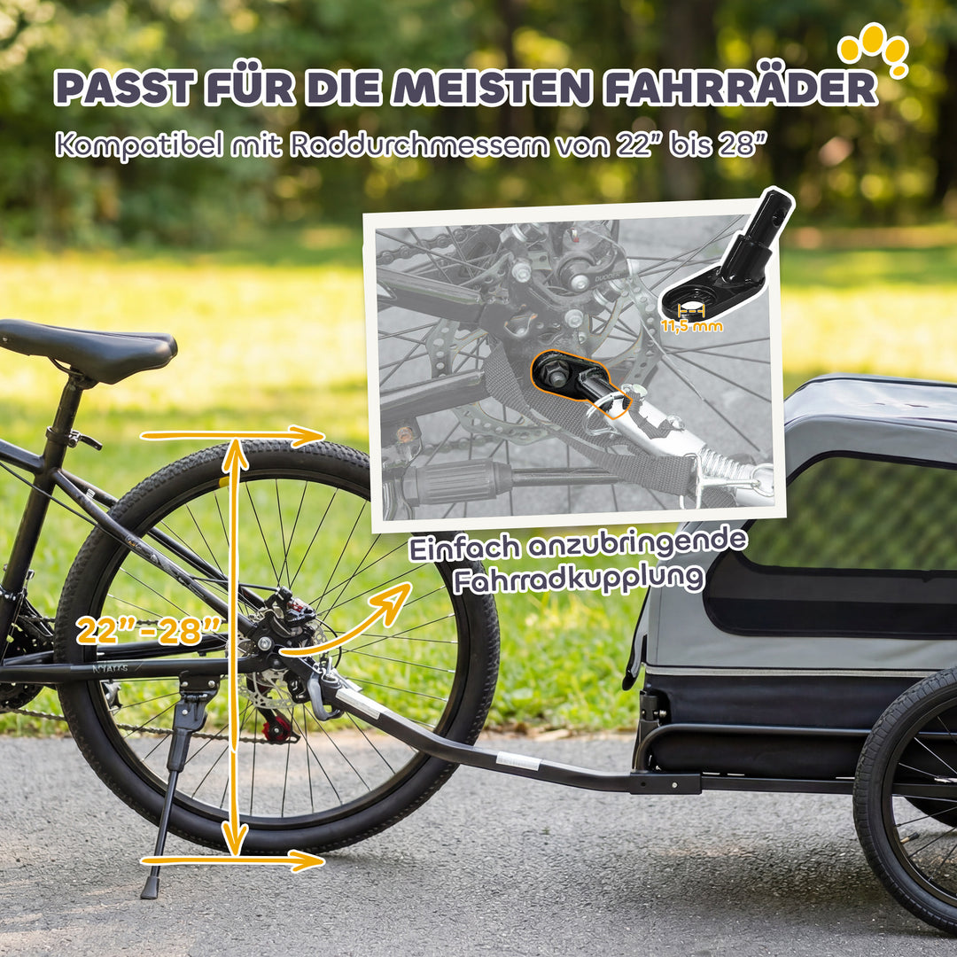 Sammenklappelig cykeltrailer til mellemstore hunde op til 20 kg med nedklappelig rampe, reflekser, snor, flag, grå.