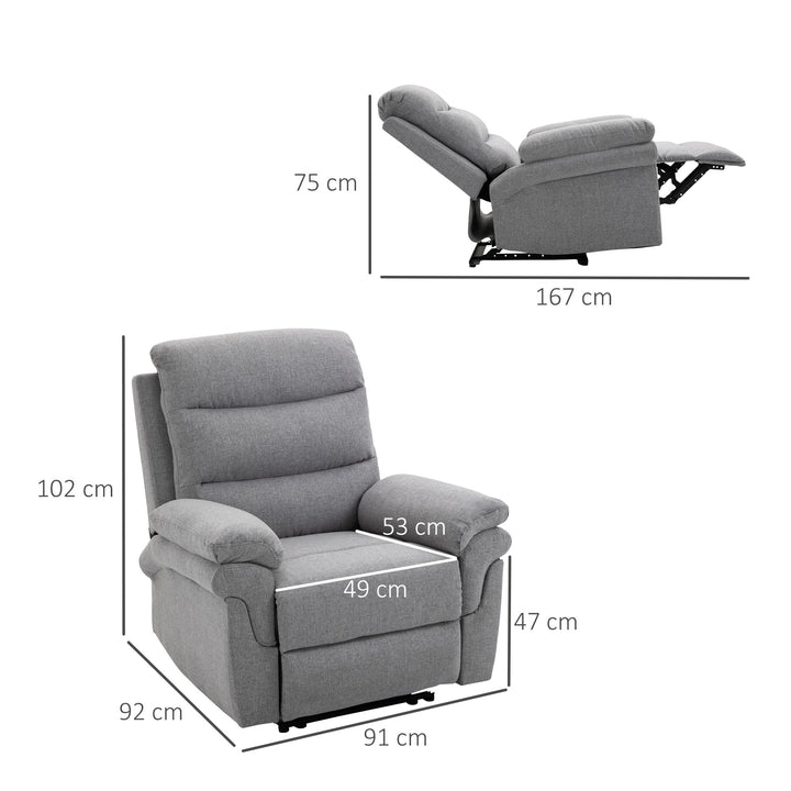 Afslapningsstol med lænefunktion, enkeltsofa, justerbar lænestol, 165° vipning, lænestol, tv-stol til stue, soveværelse, linned touch, lysegrå, 91 x 92 x 102 cm