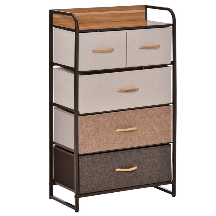 Kommode med 5 sammenklappelige stofskuffer, hylde, robust stålramme, 58 x 29 x 99 cm