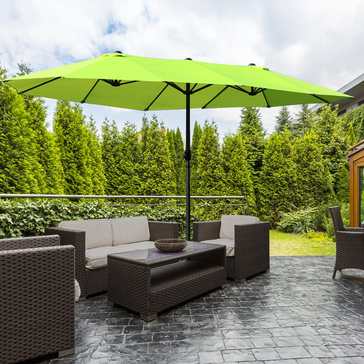 Dobbeltparasol 455 x 270 cm haveparasol med håndsving oval stabil metalstang markedsparasol dobbeltparasol terrasseparasol solbeskyttelse til strand balkon terrasse have grøn