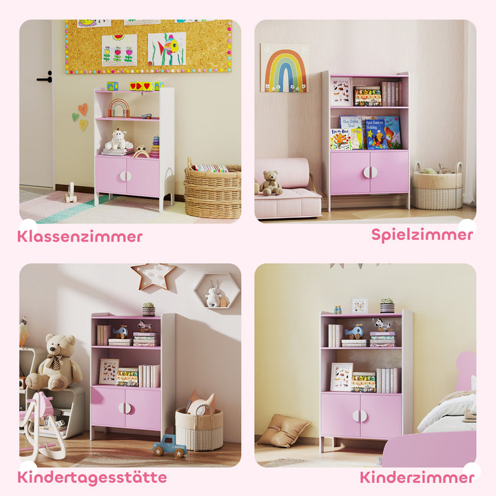 Børnebogreol, 2 hylder, 2 skabe, fritstående, anti-tip design, skridsikre ben, mdf, pink+hvid