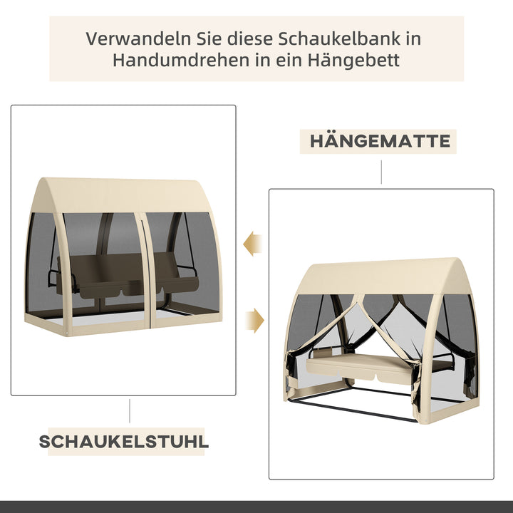 3-personers terrassegynge, verandagynge med sengefunktion, Hollywood-gynge med myggenet og stålramme, kaffe
