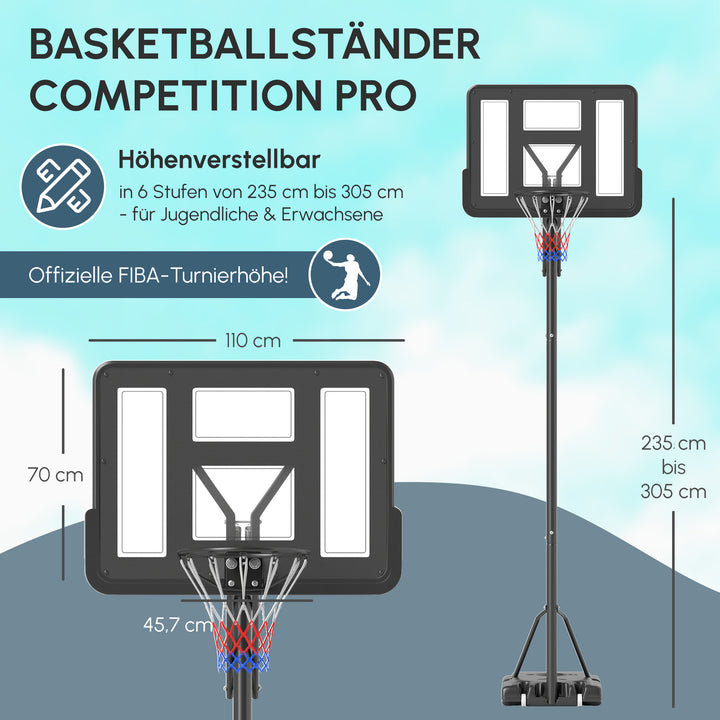 Basketballstativ, højdejusterbar kurvhøjde 235-305 cm, fyldbar bund med hjul, sort