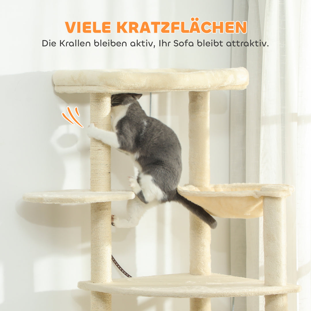 2 meter højt kradsetræ, stort til 2-3 katte, kradsetræer, huler, hængekøje, skjulesteder, design i flere niveauer, sisal, træ, plys, beige