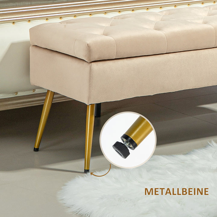 Fløjlsbænk med opbevaring, polstret fodskammel og tuftet design, metalstel, 102 x 35 x 43 cm, beige