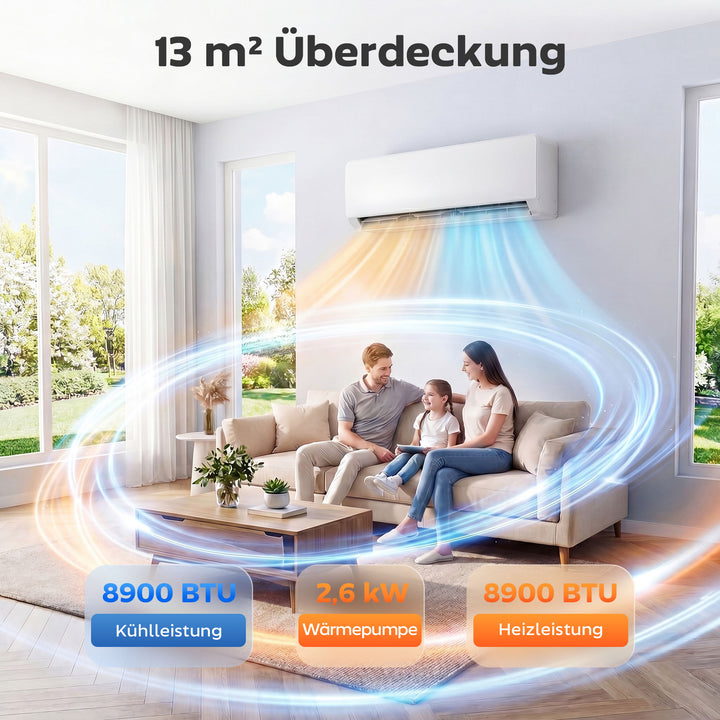 9000 BTU Mini Split Aircondition & Varmepumpe, WiFi-aktiveret inverter-klimaanlæg med installationssæt