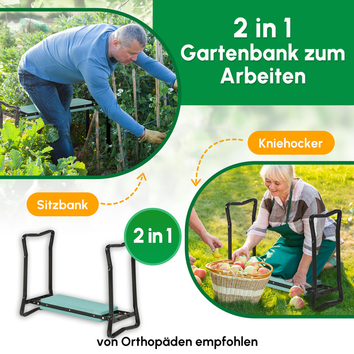 Knæbænk til havearbejde, foldbar haveskammel, havebænk, knæstøtte op til 150 kg, EVA-skum, stål, mørkegrøn, 58 x 28 x 49 cm