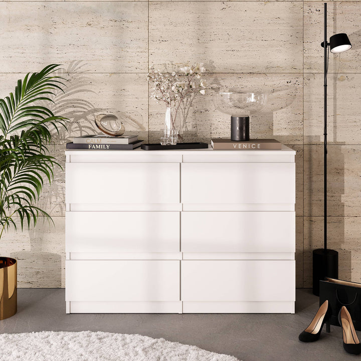 GABRIEL – kommode med 6 skuffer – mat hvid – H71 cm B100 cm D33 cm
