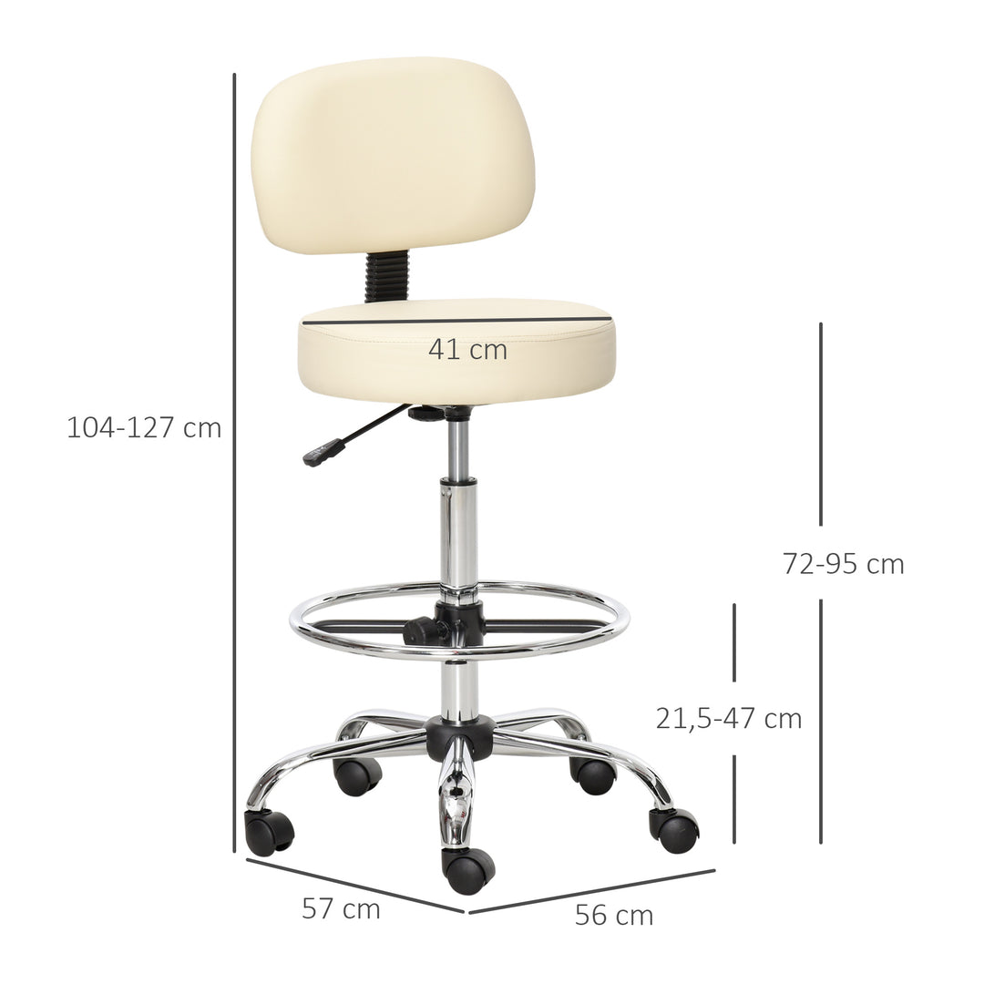 Barstol, højdejusterbar barstol med hjul lavet af kunstlæder arbejdsskammel kontorskammel 360° drejelig med ryglæn polstret beige 56 x 57 x 104-127 cm