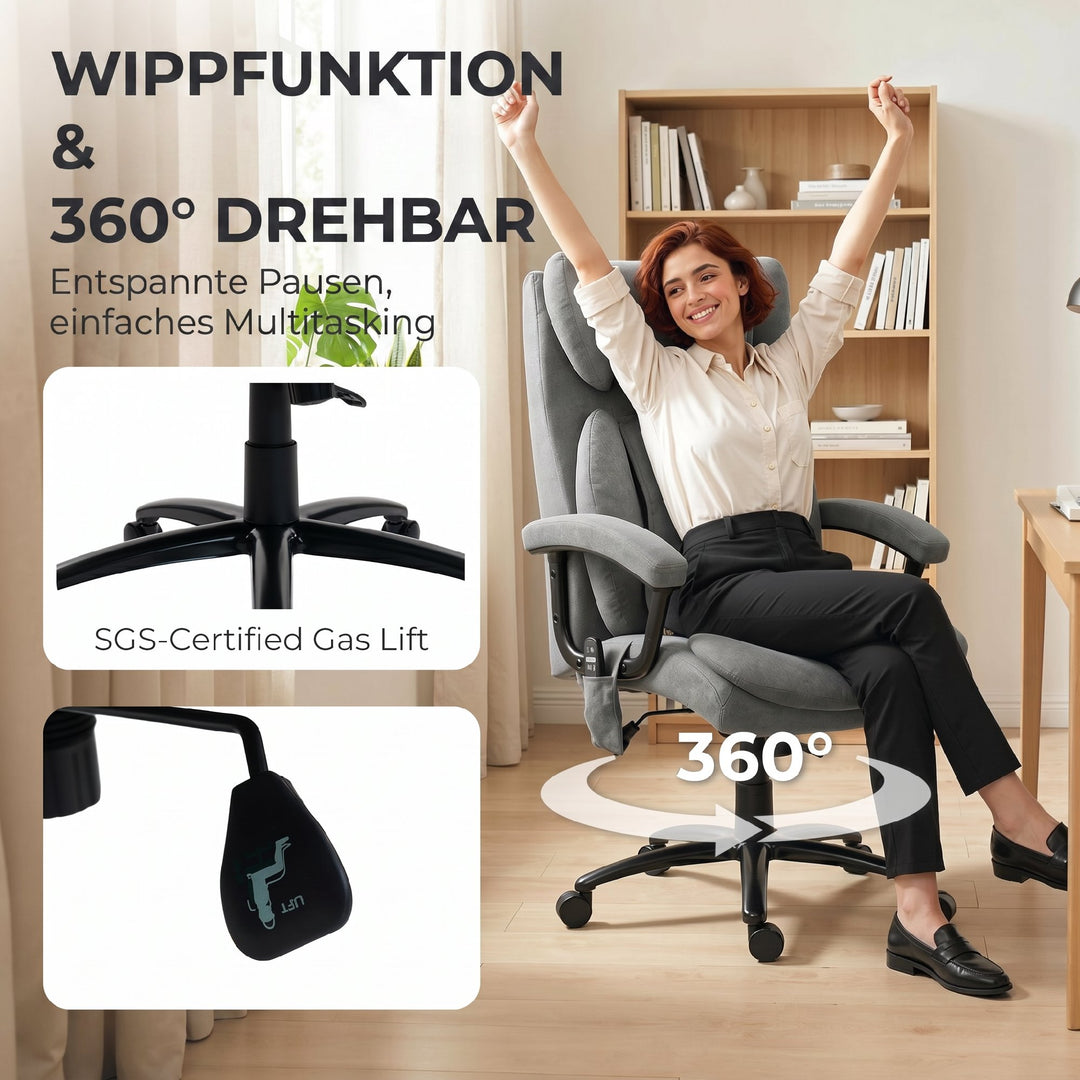Ergonomisk massagekontorstol med 4 æltepunkter, executivestol med høj butterfly-ryglæn, bredt sæde, grå
