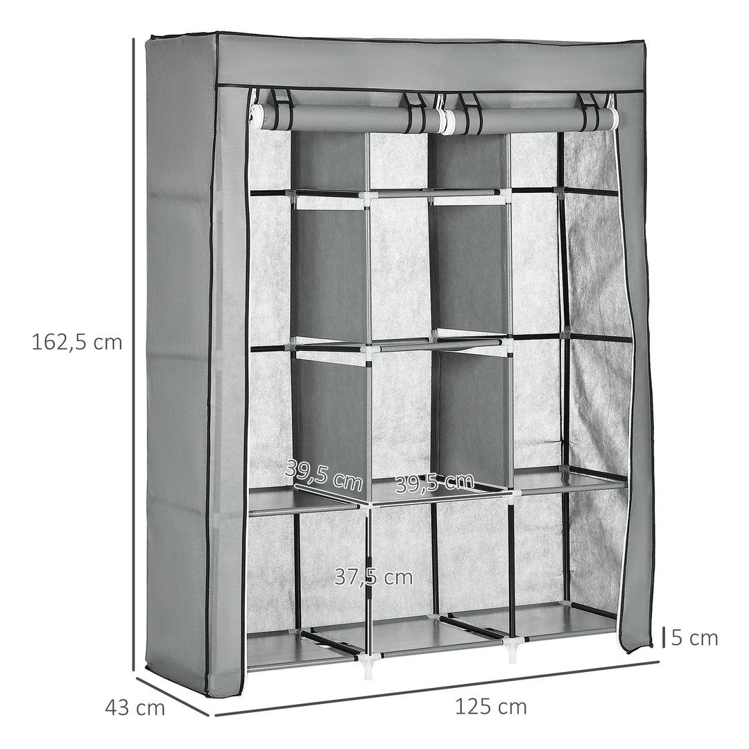 Stofgarderobe, opbevaringsløsning, 8 hylder, 2 garderobestativer, grå