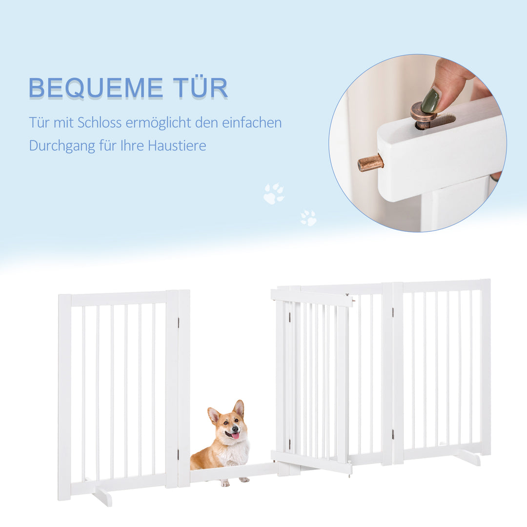 Hundesikkerhedsgitter, sæt med 4 dele, 220 x 91 cm, foldbart, med dør, fritstående hundegitter med 2 støttefødder, trætrappegitter til entré, køkken, trappe, hvid