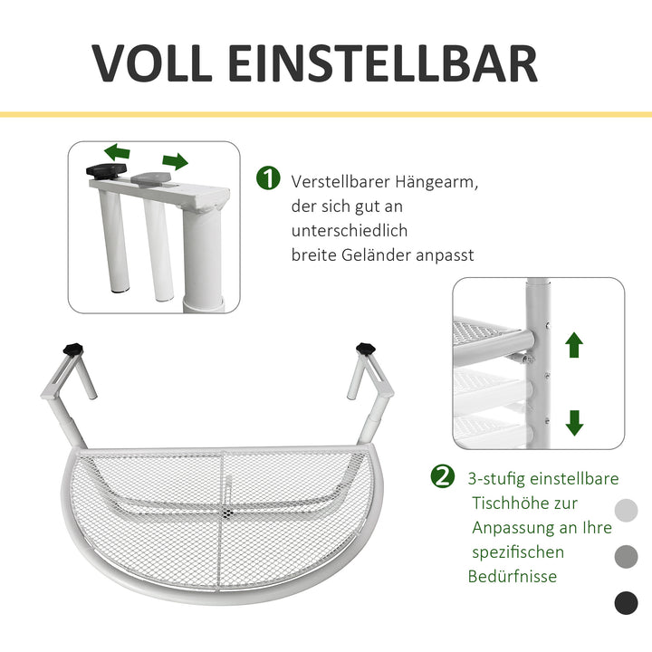 Balkonhængebord, havebord, højdejusterbart, halvrundt, Ø30 cm, terrassebord, metal, hvid, L60 x B45 x H50 cm