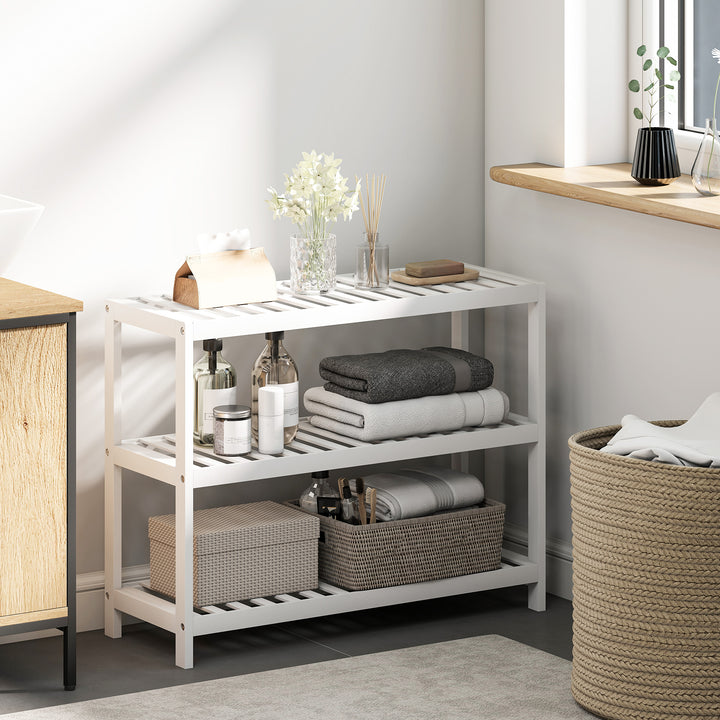 3-Lags bambus skohylde med opbevaringshylde med lakeret finish, hvid
