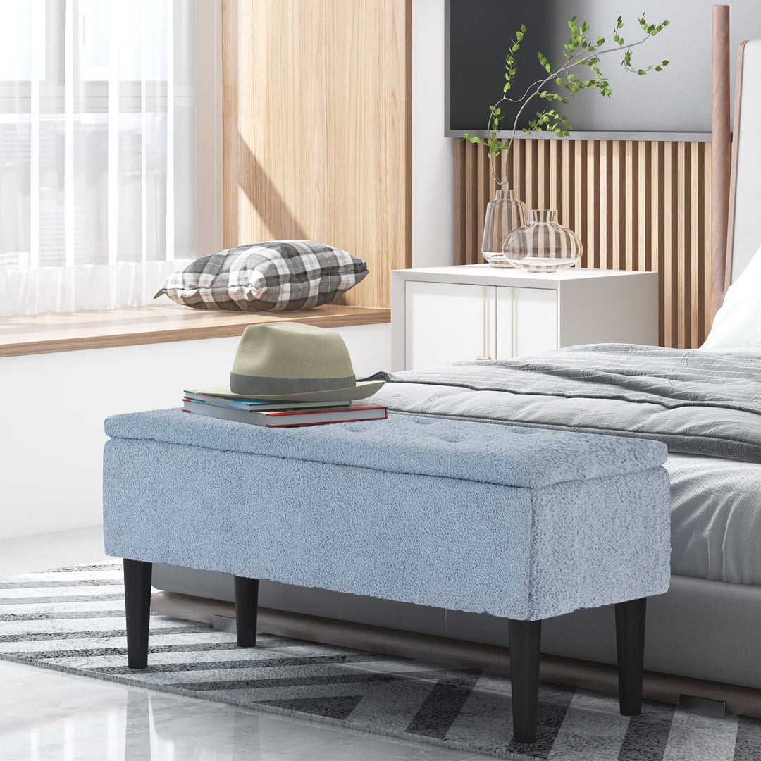 Polstret opbevaringsbænk, cashmere-look, op til 120 kg, naturtræsstel, 95 x 38 x 45 cm, blå