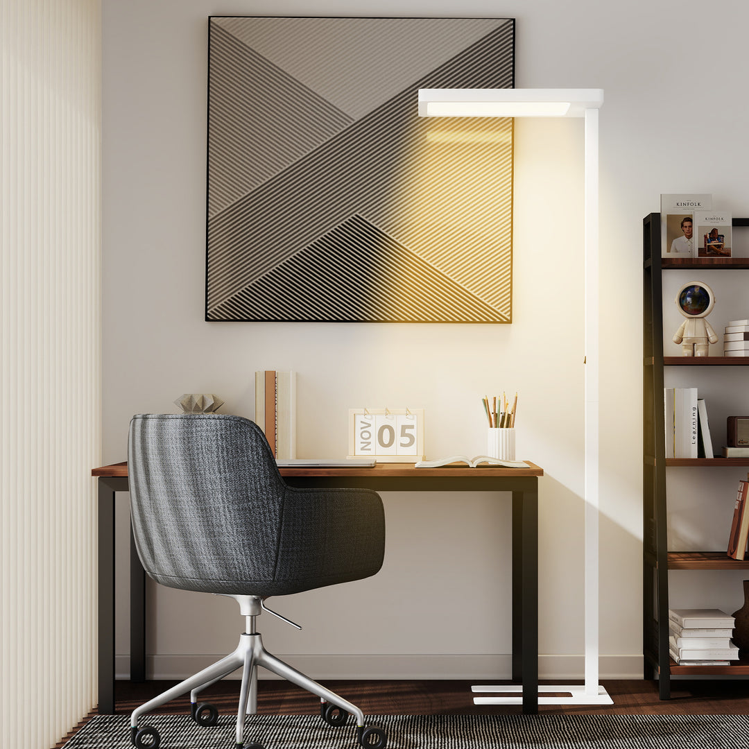 LED-gulvlampe, øjenvenligt lys, gulvlampe med fjernbetjening, justerbar lysstyrke, plastik, metal, hvid