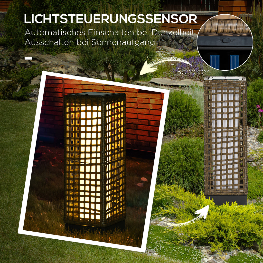 Udendørslampe, havelampe, solcelledrevet, 8 timers lysvarighed, automatisk tænding, rottinglook, 15,5 x 15,5 x 46 cm